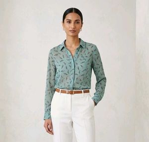 Monsoon Sage Green Bird Print CrinkleBlouse Top