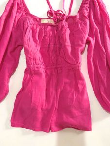 Vibrant Pink Square Neck Balloon Sleeve Top