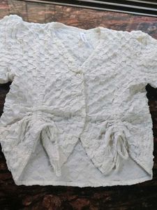 White Criss-Cross Top With Puffy Sleves