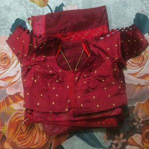 Elegant Red Saree with Gold Accents