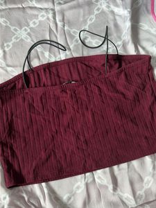 Maroon Ribbed Tube Top with Straps