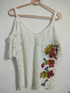 White Lace Cold Shoulder Top with Floral Embroider