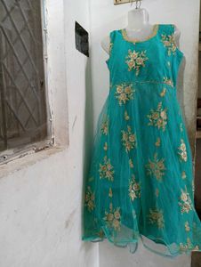 Elegant Teal & Gold Embroidered Dress