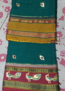Dark green &amp; maroon Saree with golden  peacock