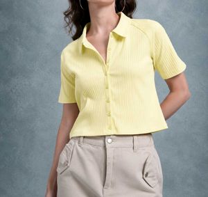 Yellow Ribbed Cropped Polo Shirt