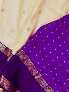 Elegant Cream &amp; Purple Silk Saree