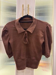 Cute Floral Crop Top & Brown Collared To