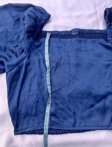 satin Navy Blue Square Neck Puff Sleeve Top