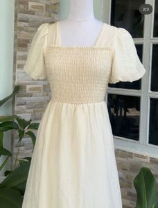 Cream Smocked Puff Sleeve Midi Dress