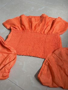 Orange Square Neck Puff Sleeve Top