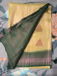 Elegant Cream Saree with Pink &amp; Green Border