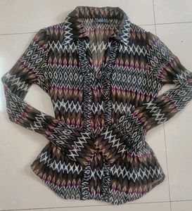 Sheer Geometric Print Button-Up Shirt