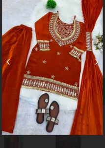 Stunning Orange Kurta Set with Mirror Work