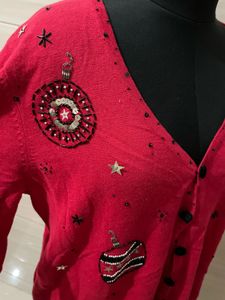 Vintage Festive Embellished Red Cardigan
