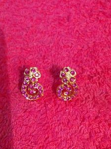 Gold Colour Stud With Magenta Stones