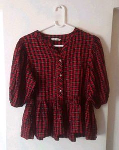 Red Plaid Peplum Top, 87cm