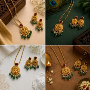 Traditional Temple Design Pendant Necklace Set for