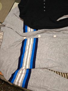 Gray Striped Cardigan and Black T-Shirt Set