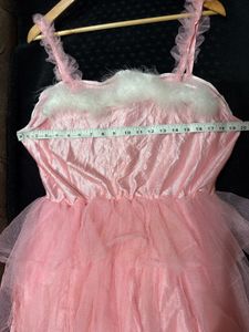 Elegant Pink Ruffled Tulle Fur Trim Dress