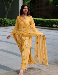 Yellow Floral Print Kurta Set with Dupatta
