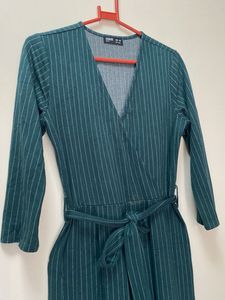 Teal Green Pinstripe Wrap Jumpsuit