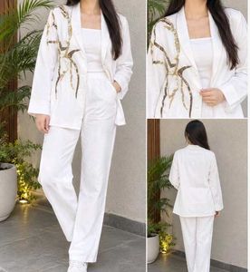 Chic White Sequin Blazer & Pant Set