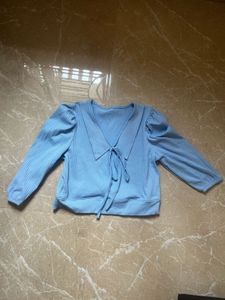 Blue Ribbed V-Neck Tie Top