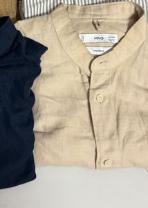 Mango Man Beige Band Collar Shirt
