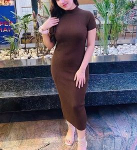 Classy Brown Ribbed Bodycon Dress