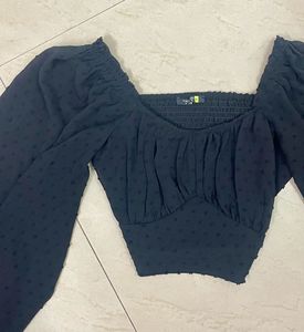 Chic Black Swiss Dot Puff Sleeve Top