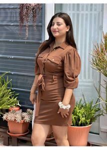 Chic Brown Shirt Dress with Puff Sleeves