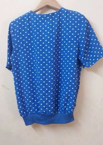 Blue Polka Dot Short Sleeve Button-Up Top