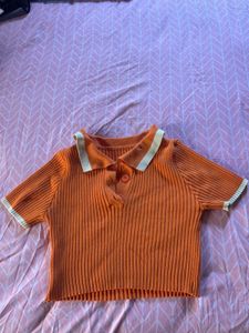 Orange Ribbed Polo Top