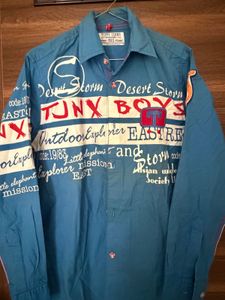 Blue Graphic Print Button-Up Shirt