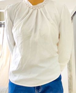 Elegant Pearl Neckline White Top