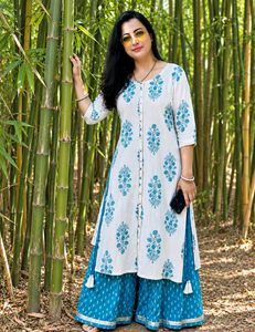 Elegant White & Blue Floral Kurta Set with palazzo