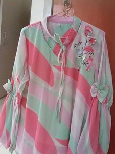 Sheer Striped Tie-Neck Blouse with Floral Applique