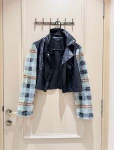 Unique Faux Leather Jacket with fur Plaid Sleeves