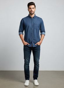 Blue Casual Denim Shirt With Micro Print