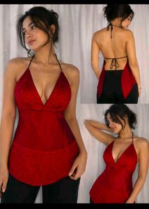 chatpata Red Beaded Halter Top