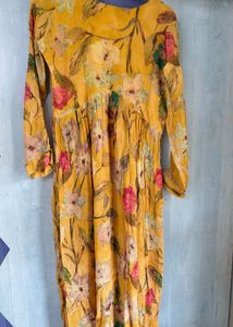 Yellow Floral Print Kurta with Embellished Necklin