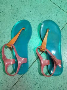 Blue Jelly Flip Flops with Pink &amp; Orange  Straps