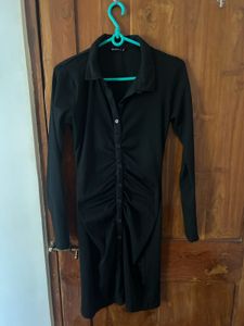 Black Ruched Button-Up Dress