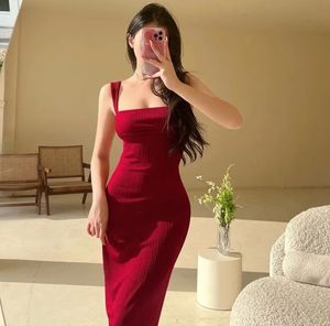 Chic Ribbed Square Neck Midi Dress