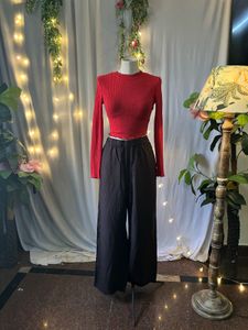 Red Ribbed Long Sleeve Crop Top
