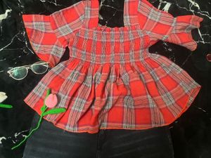 Red Plaid Smocked Top