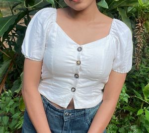 White Puff Sleeve Button Top