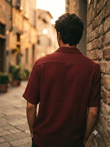 Men’s Maroon Cuban Collar Textured Short Sleeves