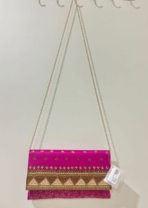 NEERUS Embellished Pink Clutch Bag with Chain
