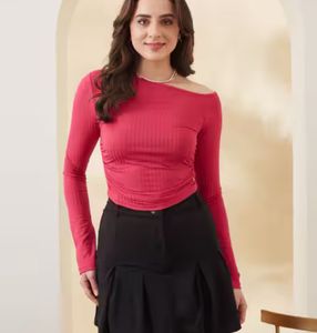 SHEIN Pink blue Ribbed Long Sleeve Top